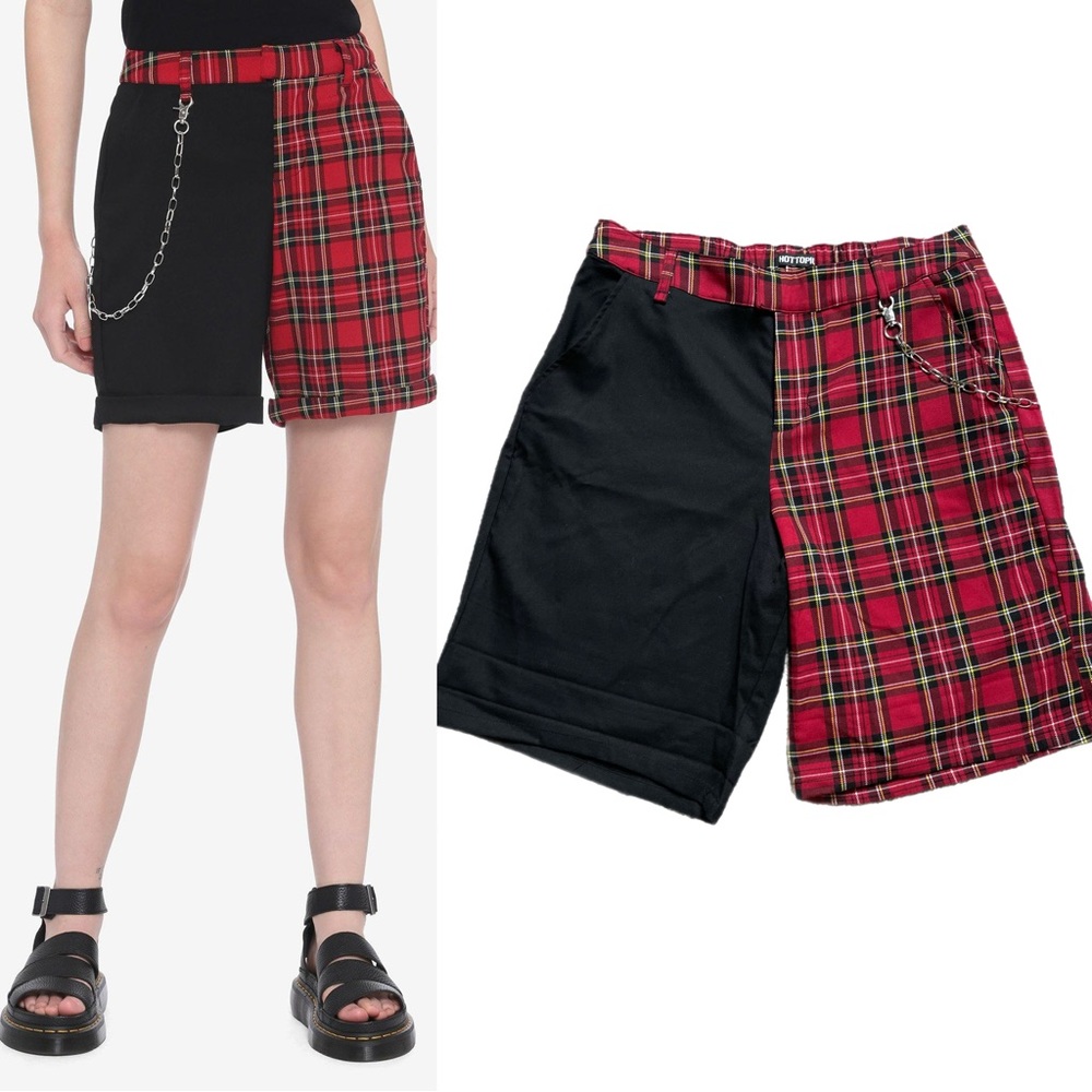 Hot Topic Black Red Plaid Split Bermuda Chain Shorts L